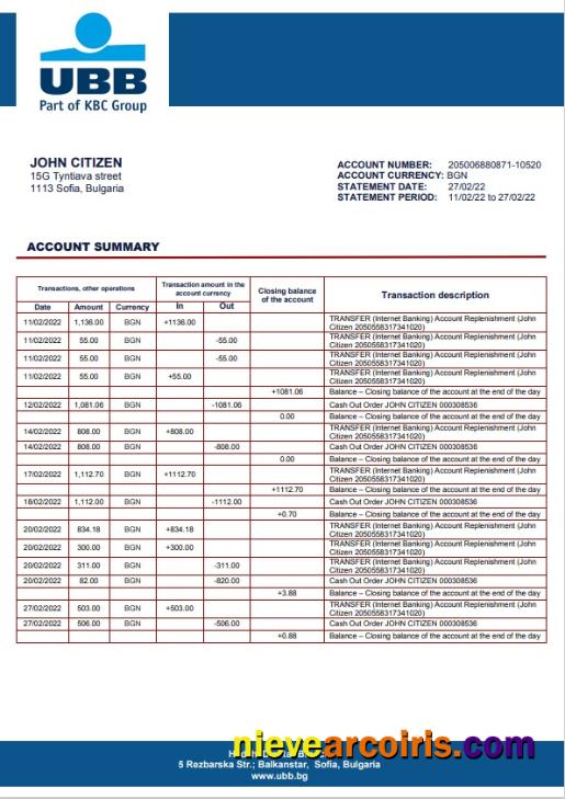 Bulgaria UBB bank proof of addres statement in Word and PDF format